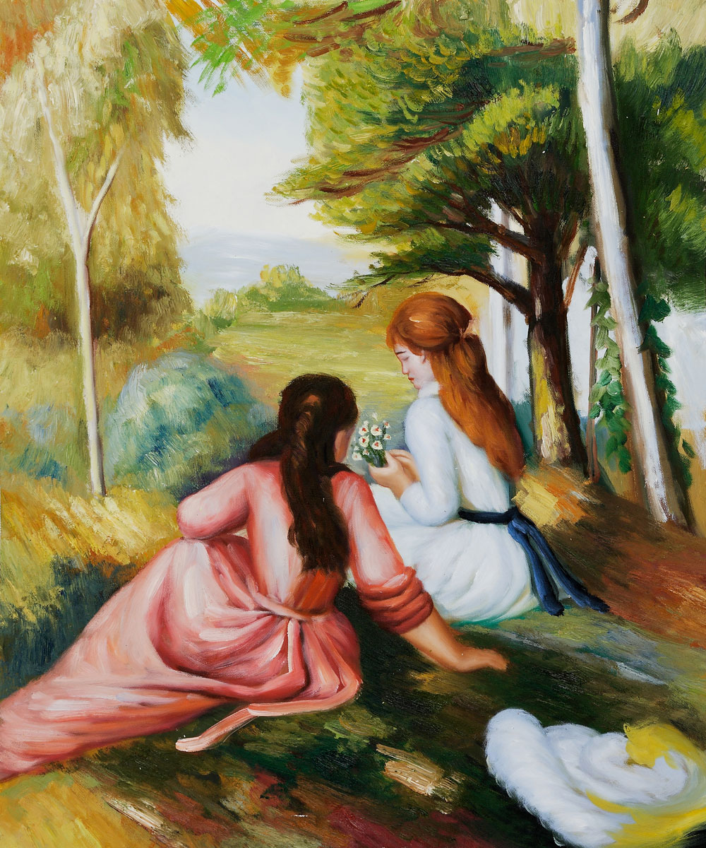 Two Girls In The Meadow Picking Flowers - Pierre Auguste Renoir Painting